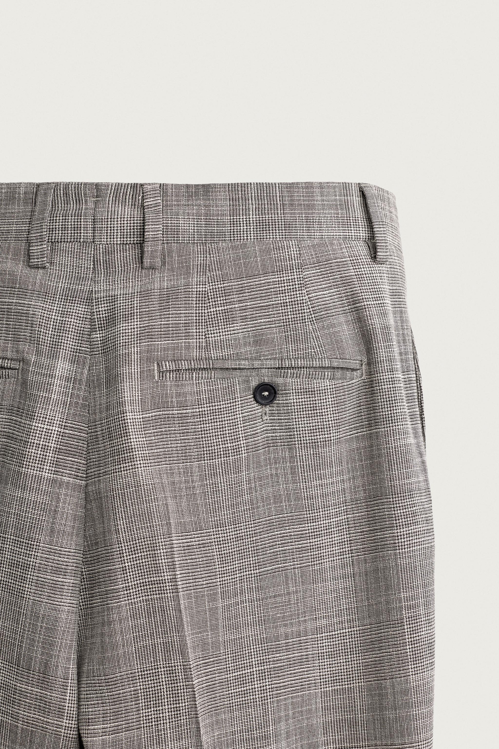 CHECKED WOOL BLEND PLEATED SUIT PANTS